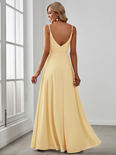 Bodenlanger V-Ausschnitt A-Linie Chiffonkleid Mit Tiefem V-Ausschnitt Und Gerafften Details Kleid #Farbe_Gelb