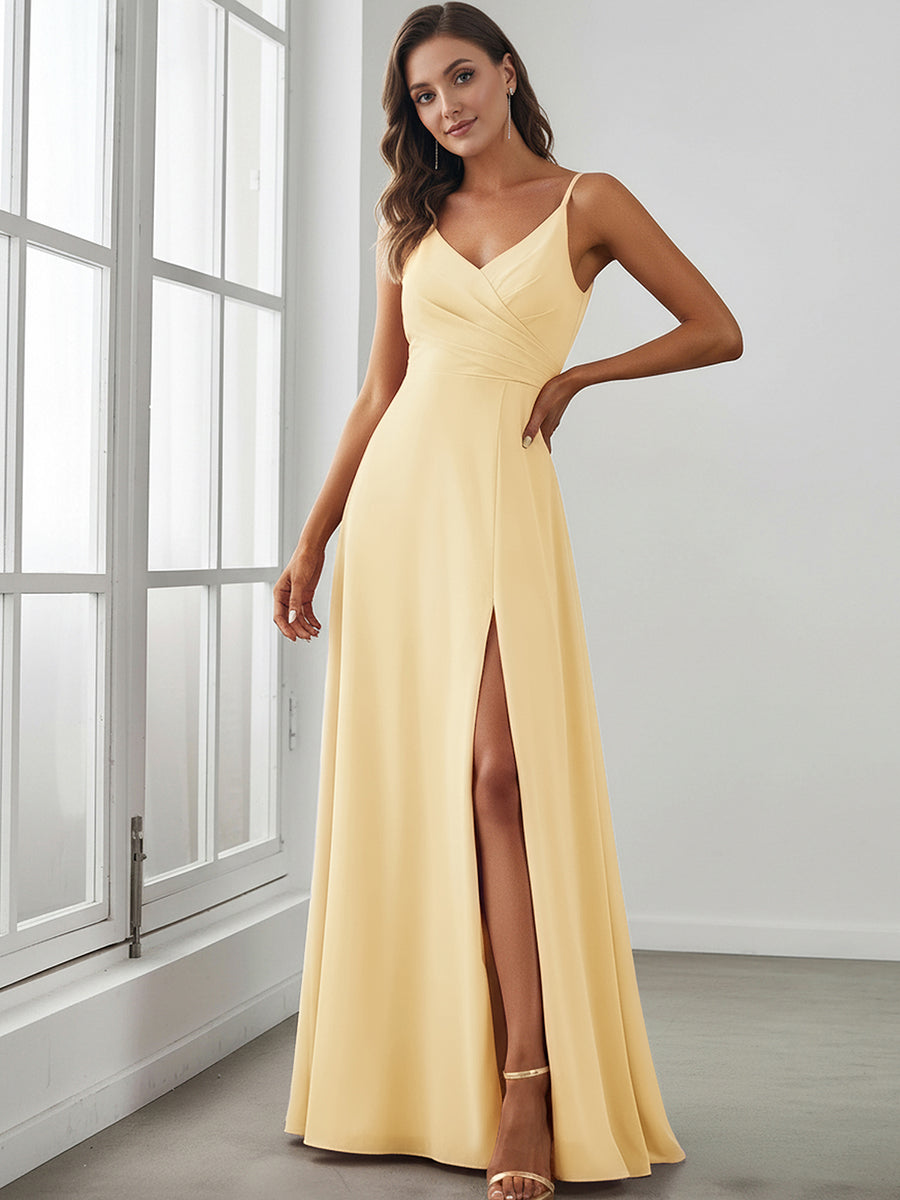 Bodenlanger V-Ausschnitt A-Linie Chiffonkleid Mit Tiefem V-Ausschnitt Und Gerafften Details Kleid #Farbe_Gelb