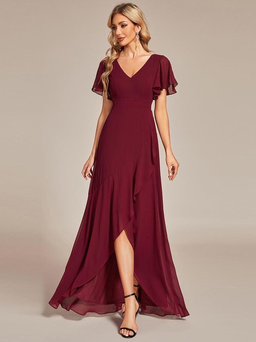 Funkelndes Abendkleid in A-Linie mit Empire-Taille und langen ?rmeln #farbe_Burgundy