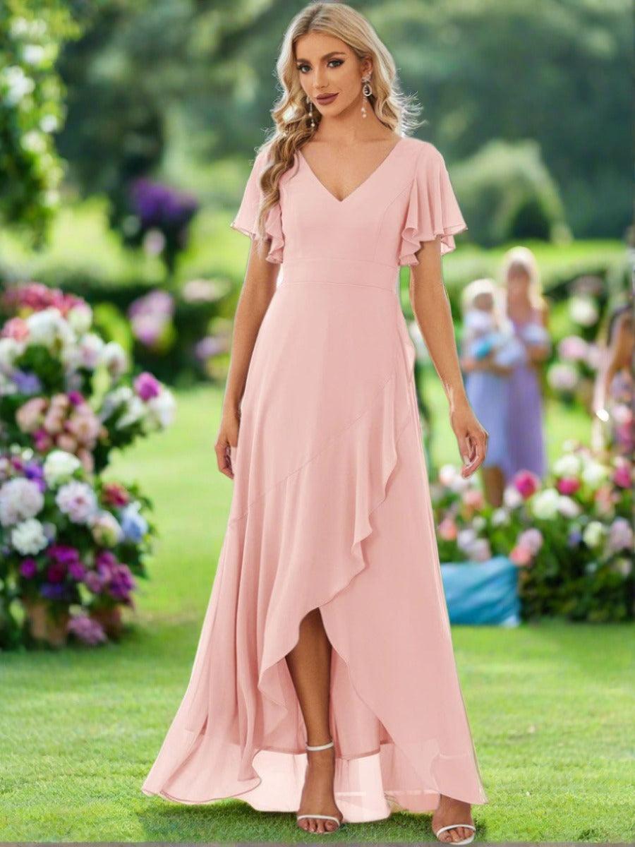 Funkelndes Abendkleid in A-Linie mit Empire-Taille und langen ?rmeln #farbe_Rosa