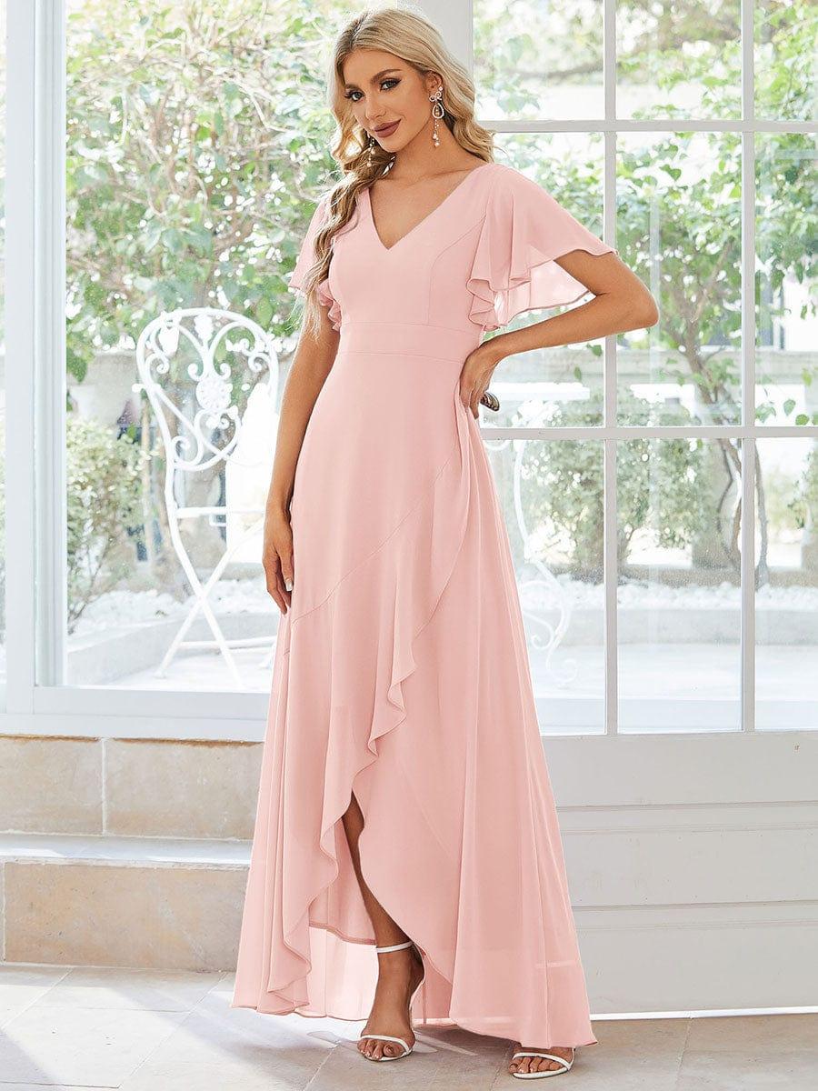 Funkelndes Abendkleid in A-Linie mit Empire-Taille und langen ?rmeln #farbe_Rosa