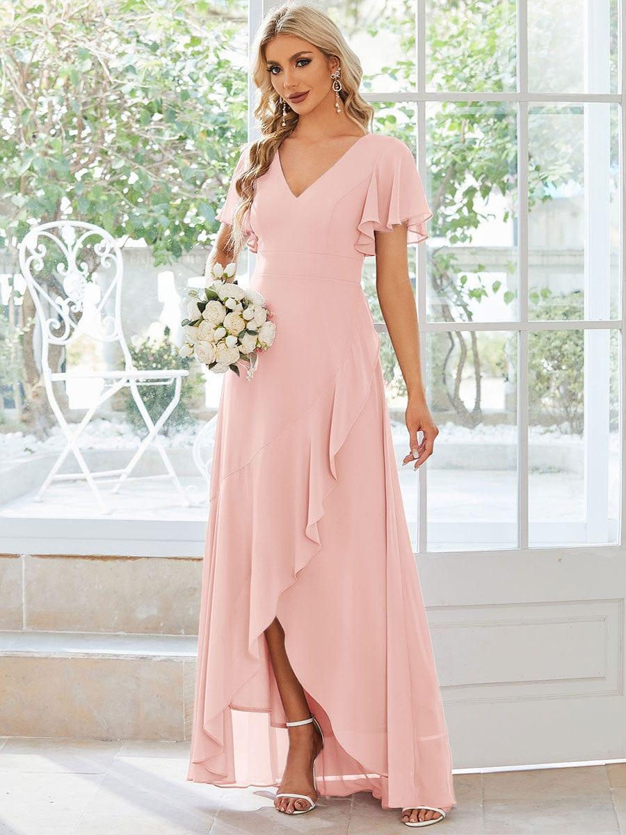 Funkelndes Abendkleid in A-Linie mit Empire-Taille und langen ?rmeln #farbe_Rosa