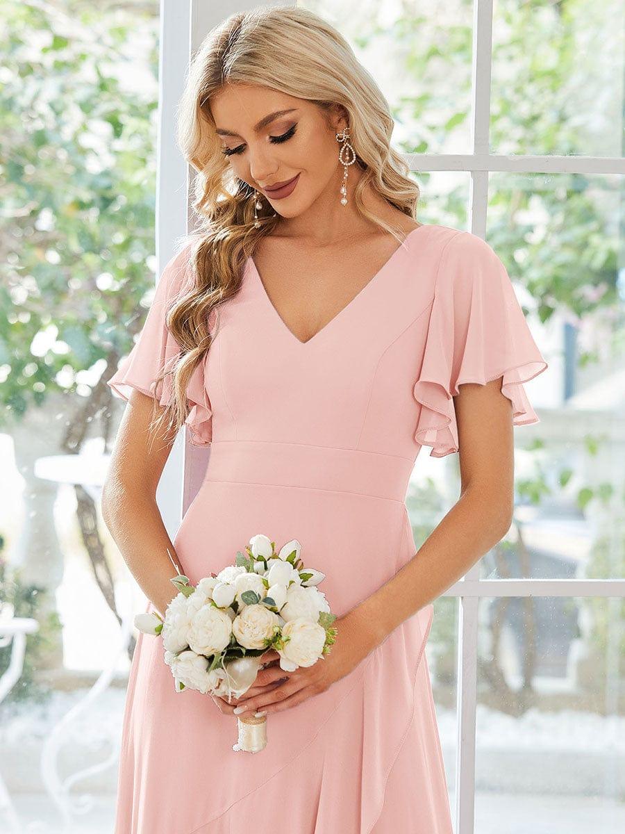 Funkelndes Abendkleid in A-Linie mit Empire-Taille und langen ?rmeln #farbe_Rosa