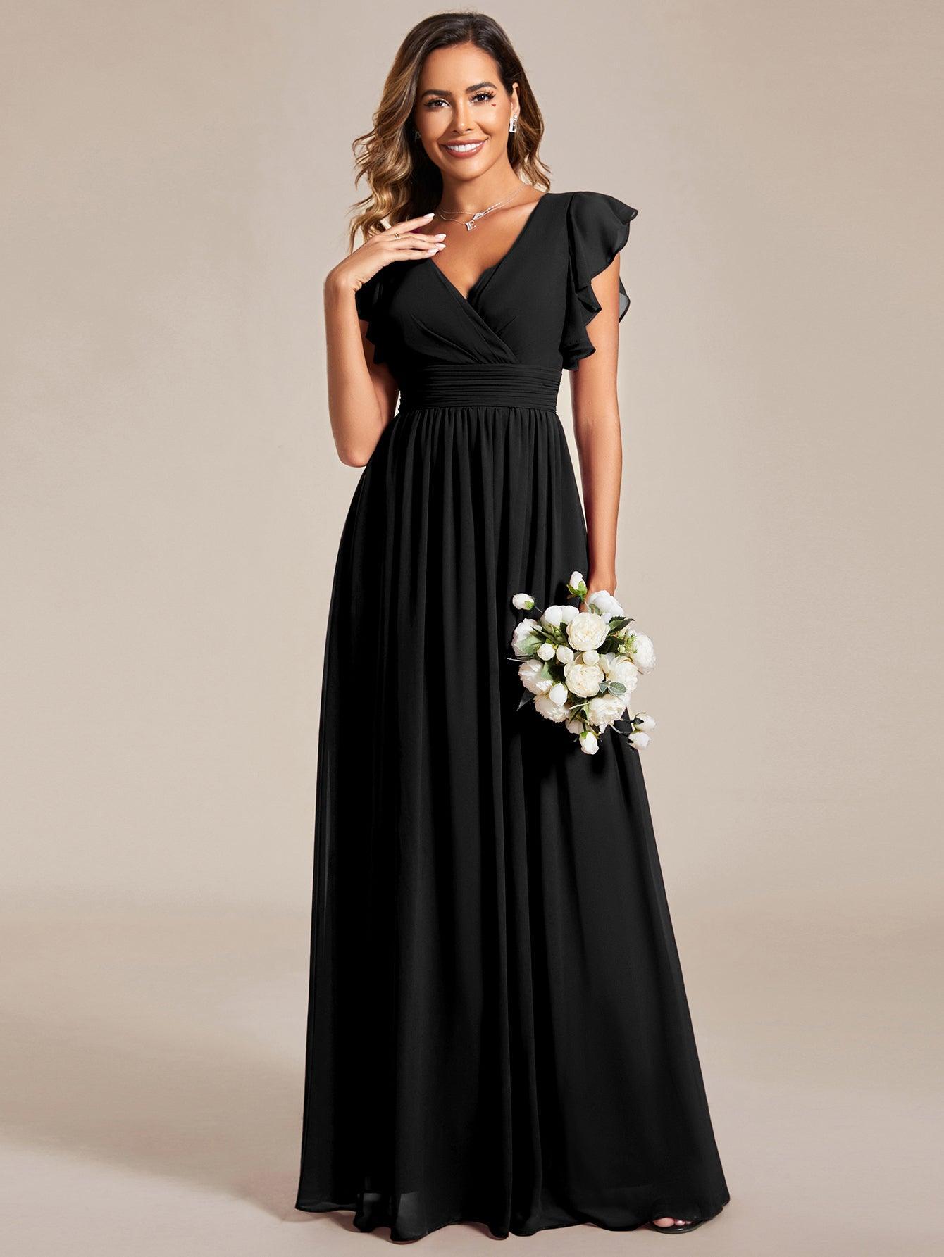 Funkelndes Abendkleid in A-Linie mit Empire-Taille und langen ?rmeln #farbe_Schwarz
