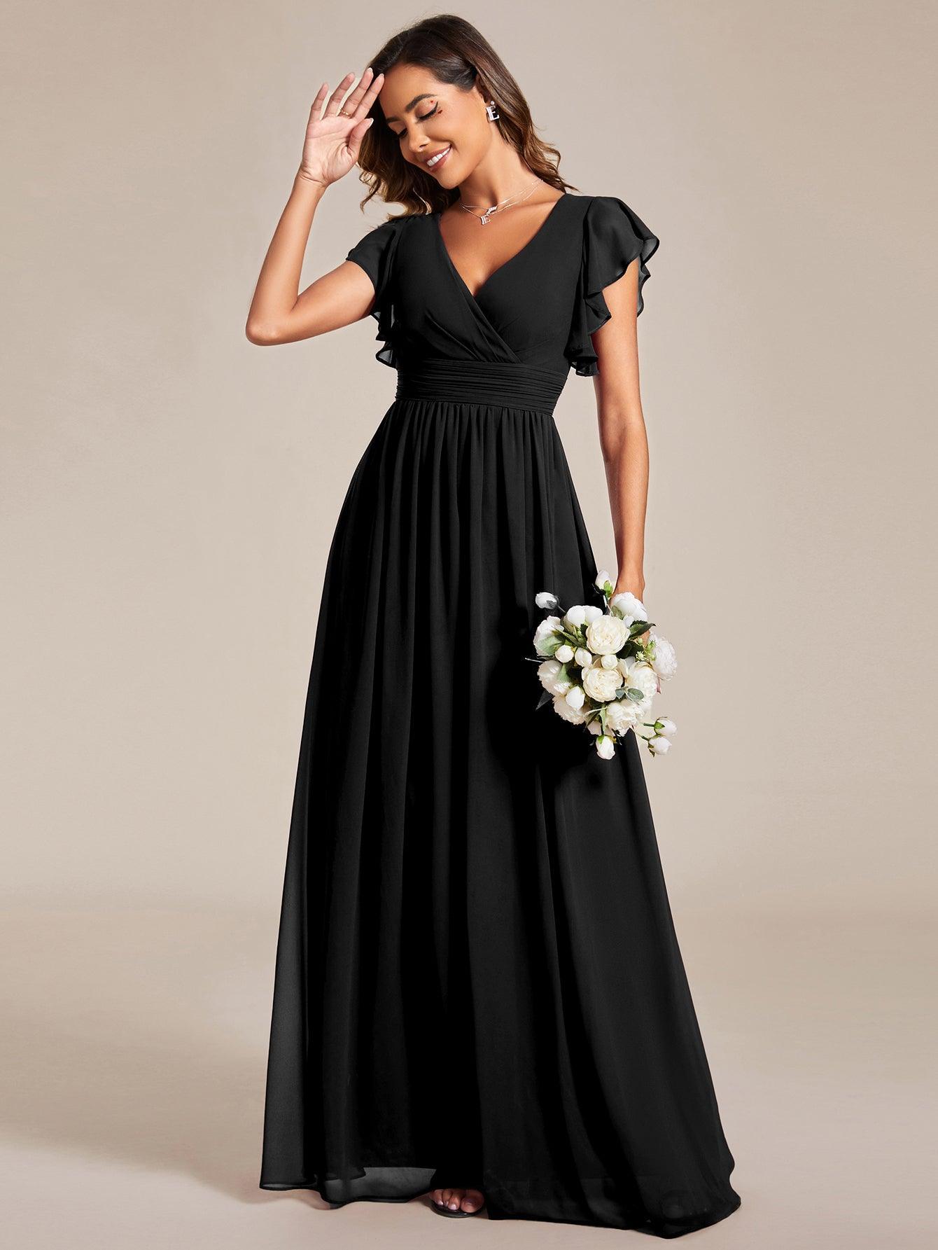 Funkelndes Abendkleid in A-Linie mit Empire-Taille und langen ?rmeln #farbe_Schwarz