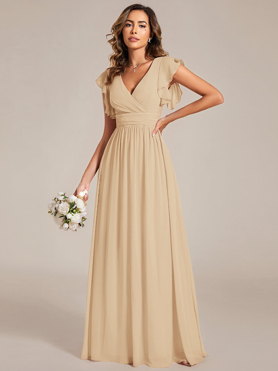 Funkelndes Abendkleid in A-Linie mit Empire-Taille und langen ?rmeln #farbe_Champagner