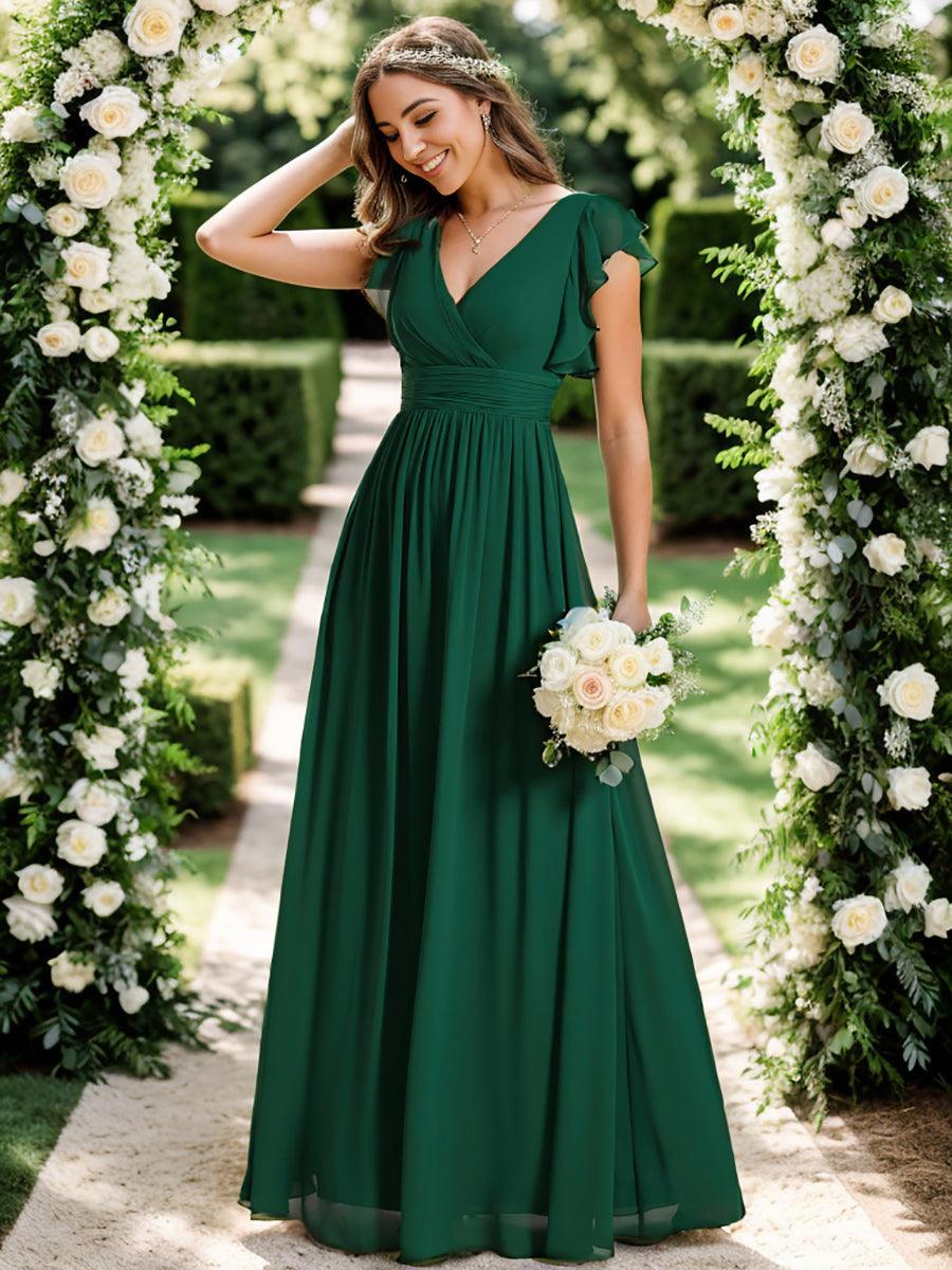 Funkelndes Abendkleid in A-Linie mit Empire-Taille und langen ?rmeln #farbe_Dunkel Gruen