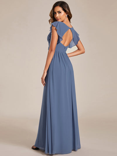 Funkelndes Abendkleid in A-Linie mit Empire-Taille und langen ?rmeln #farbe_Taubenblau