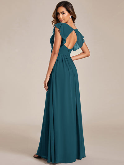 Funkelndes Abendkleid in A-Linie mit Empire-Taille und langen ?rmeln #farbe_Petrol