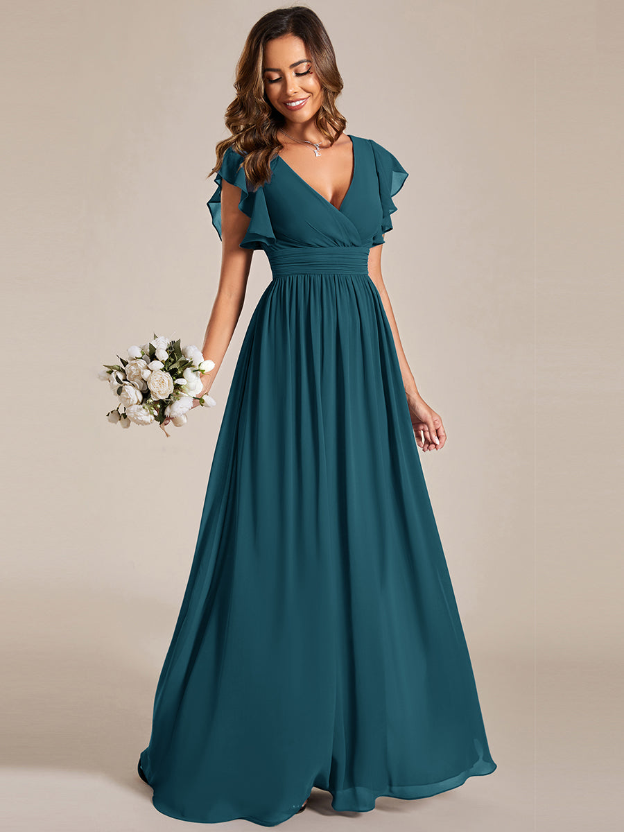 Funkelndes Abendkleid in A-Linie mit Empire-Taille und langen ?rmeln #farbe_Petrol
