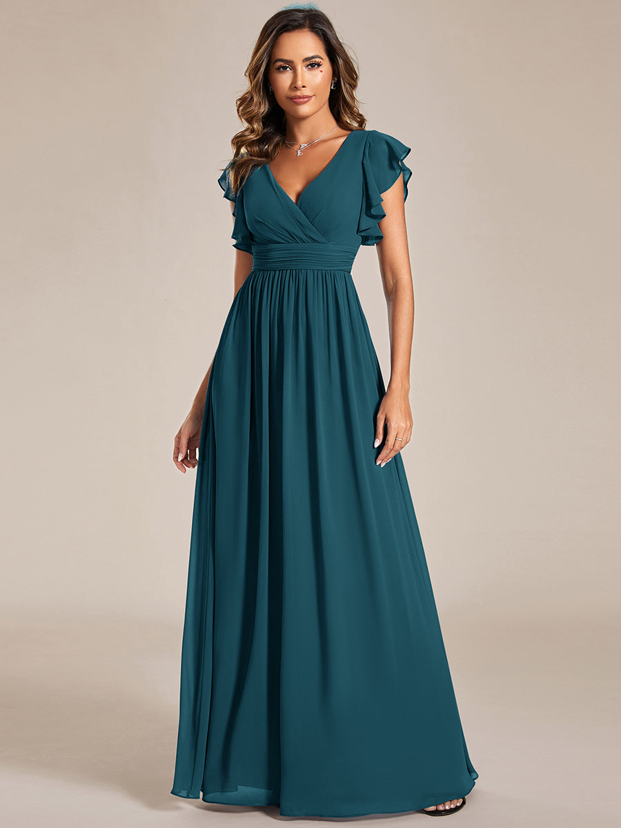 Funkelndes Abendkleid in A-Linie mit Empire-Taille und langen ?rmeln #farbe_Petrol