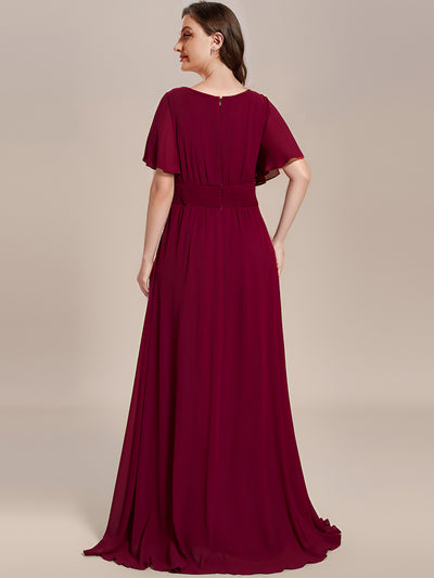 Bodenlanger A-Linien Chiffon Kleid Mit Falten Und Raffung Rundhalsausschnitt #Farbe_Burgunderrot