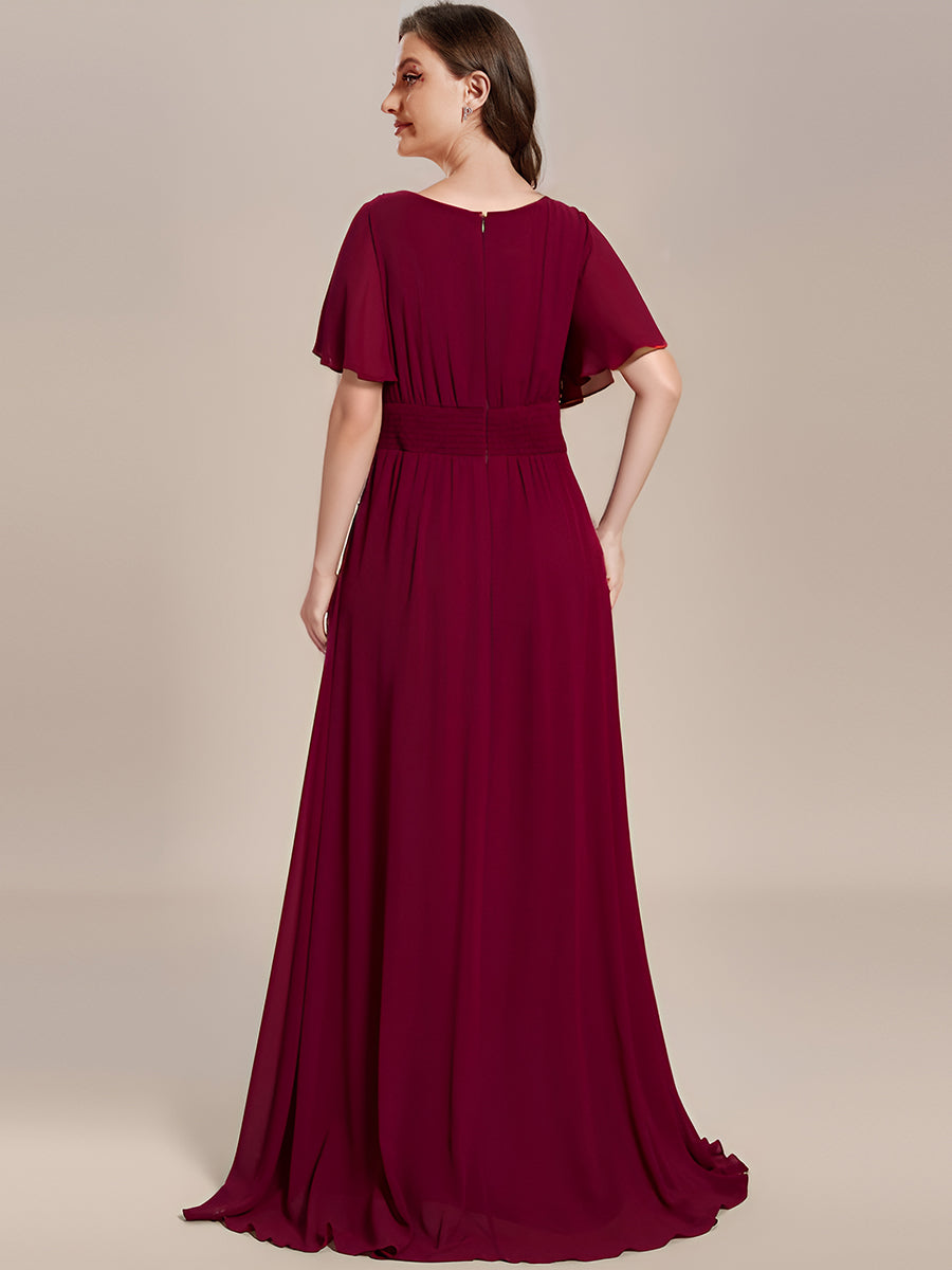 Bodenlanger A-Linien Chiffon Kleid Mit Falten Und Raffung Rundhalsausschnitt #Farbe_Burgunderrot