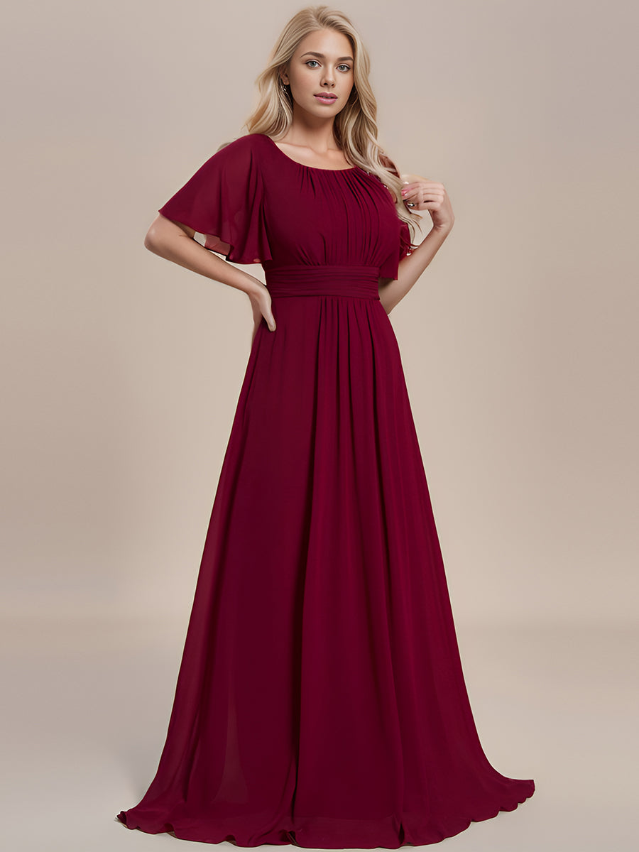 Bodenlanger A-Linien Chiffon Kleid Mit Falten Und Raffung Rundhalsausschnitt #Farbe_Burgunderrot