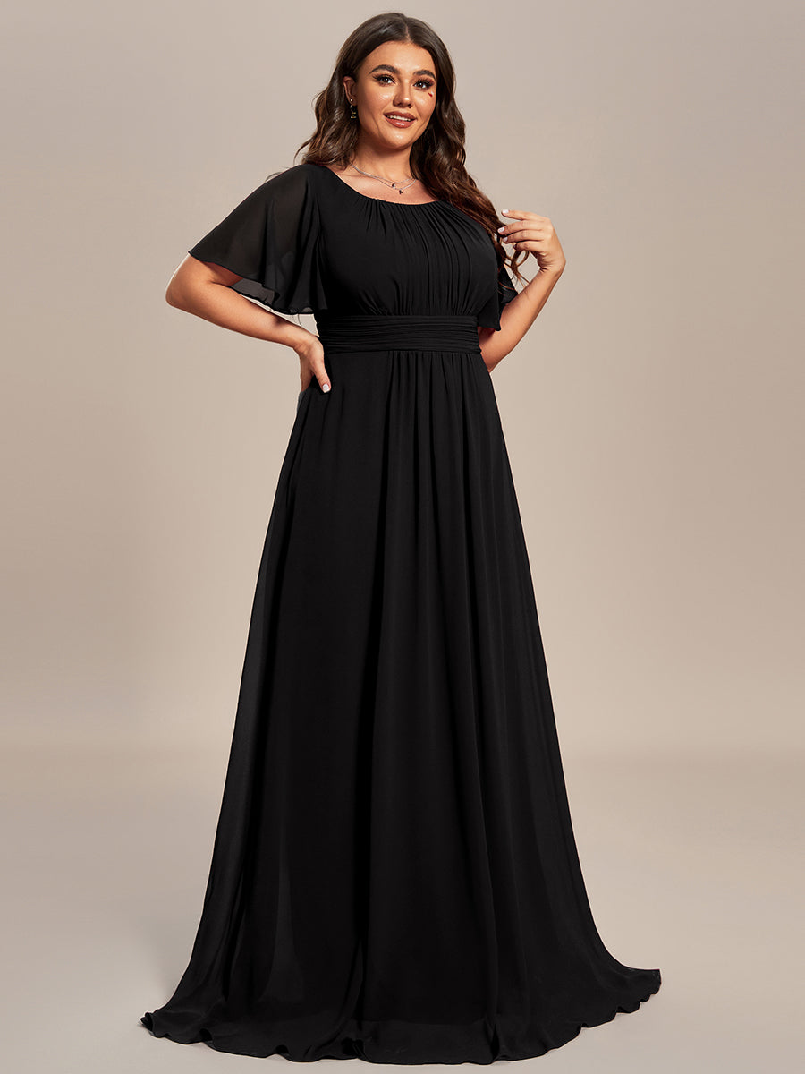 Bodenlanger A-Linien Chiffon Kleid Mit Falten Und Raffung Rundhalsausschnitt #Farbe_Schwarz