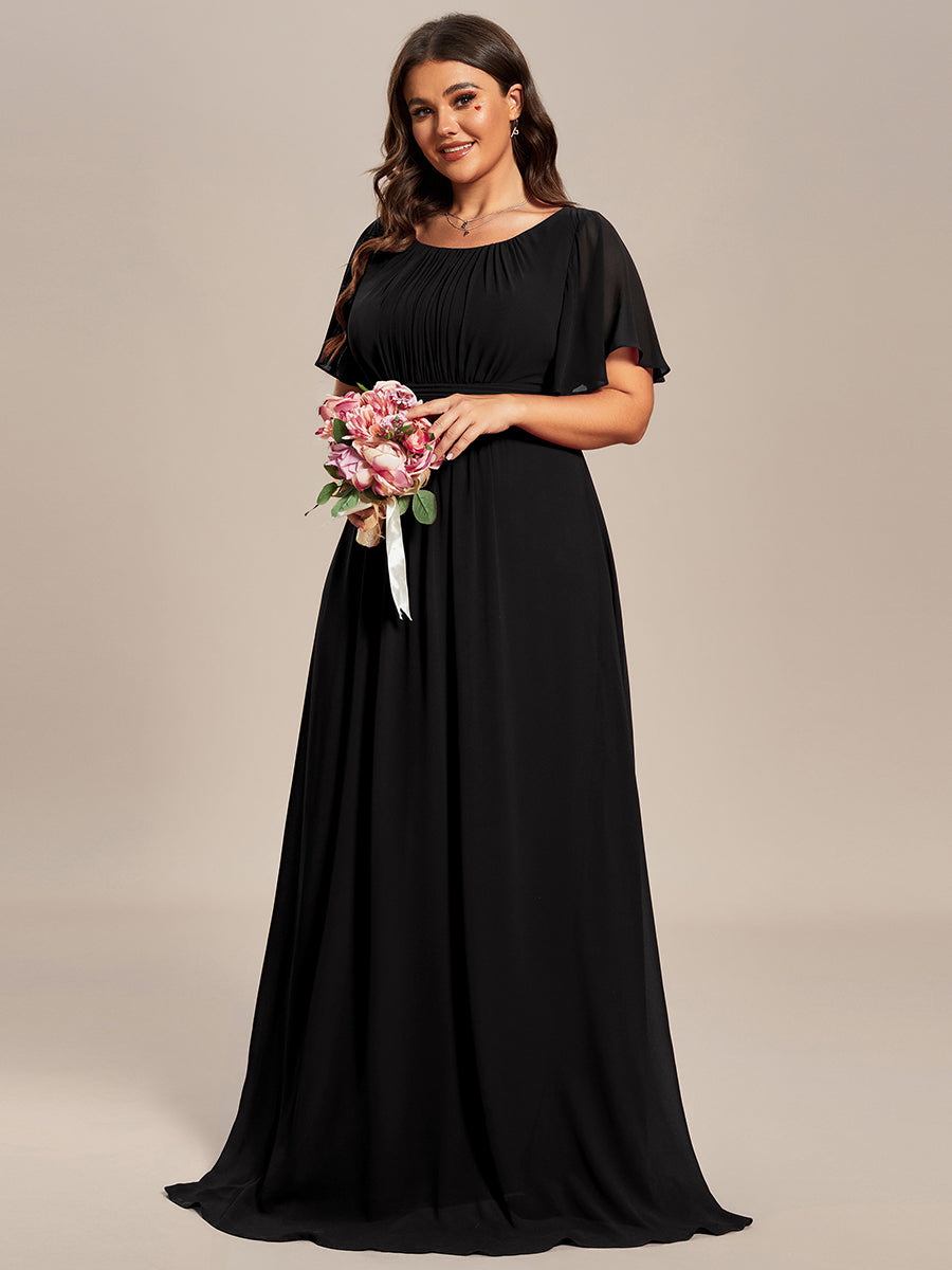 Bodenlanger A-Linien Chiffon Kleid Mit Falten Und Raffung Rundhalsausschnitt #Farbe_Schwarz