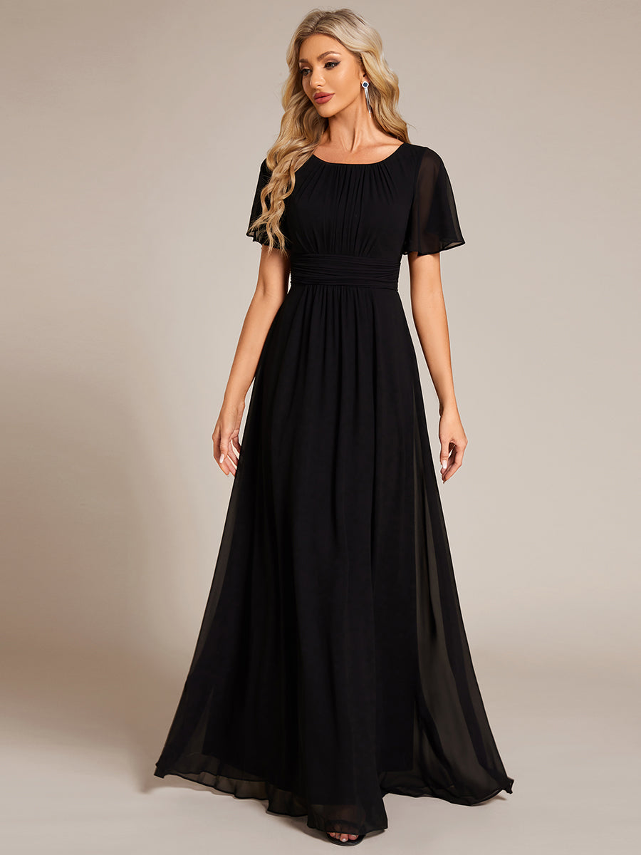 Bodenlanger A-Linien Chiffon Kleid Mit Falten Und Raffung Rundhalsausschnitt #Farbe_Schwarz