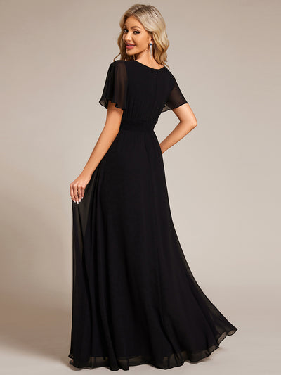 Bodenlanger A-Linien Chiffon Kleid Mit Falten Und Raffung Rundhalsausschnitt #Farbe_Schwarz