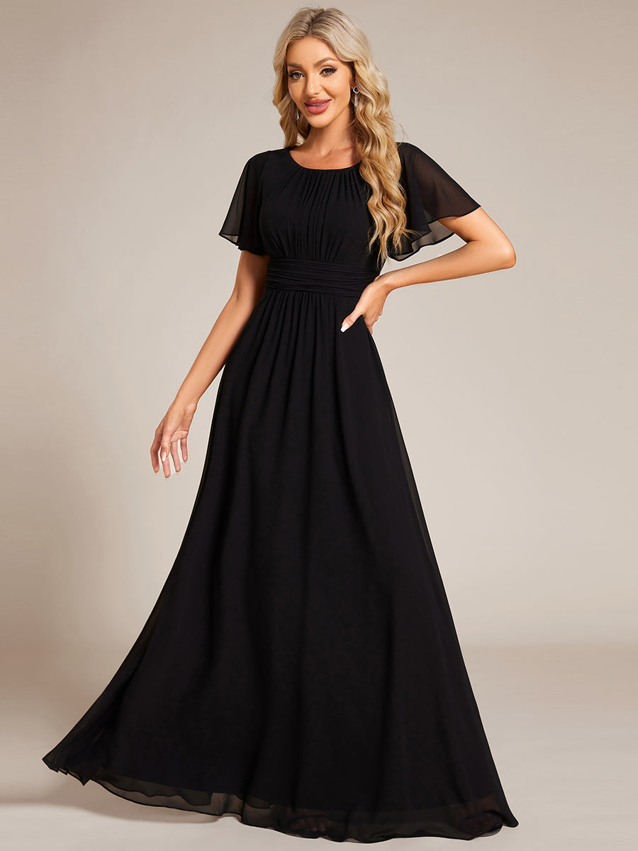 Bodenlanger A-Linien Chiffon Kleid Mit Falten Und Raffung Rundhalsausschnitt #Farbe_Schwarz