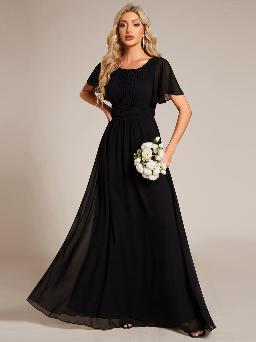 Bodenlanger A-Linien Chiffon Kleid Mit Falten Und Raffung Rundhalsausschnitt #Farbe_Schwarz