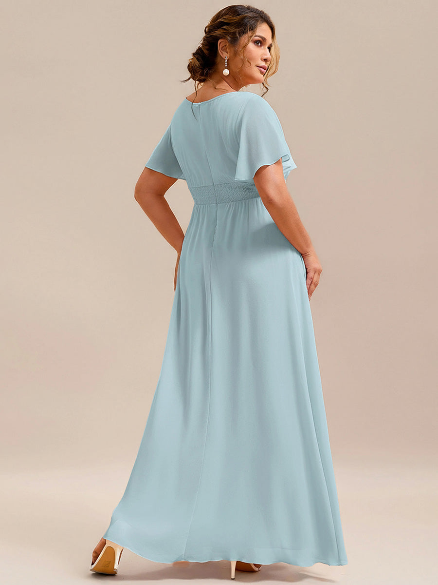 Bodenlanger A-Linien Chiffon Kleid Mit Falten Und Raffung Rundhalsausschnitt #Farbe_Himmelblau
