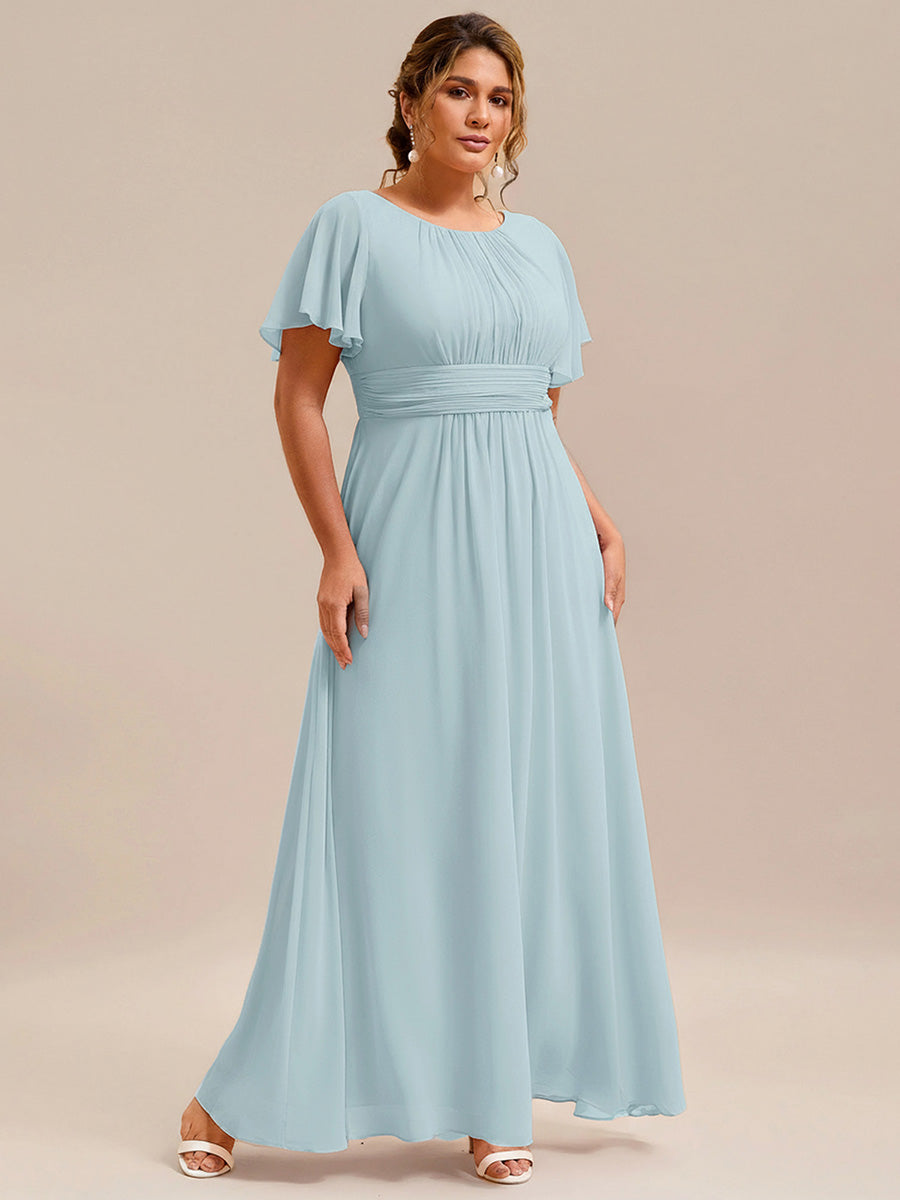 Bodenlanger A-Linien Chiffon Kleid Mit Falten Und Raffung Rundhalsausschnitt #Farbe_Himmelblau