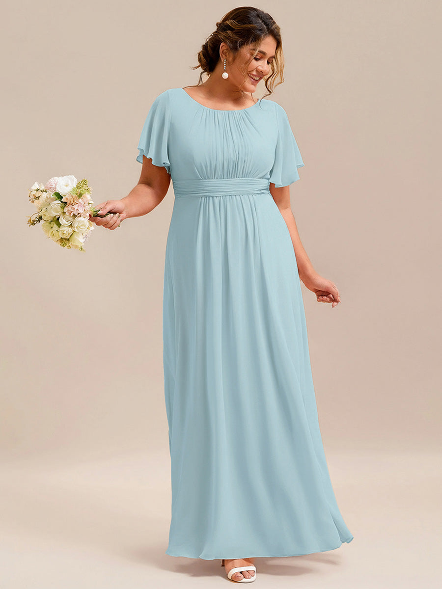 Bodenlanger A-Linien Chiffon Kleid Mit Falten Und Raffung Rundhalsausschnitt #Farbe_Himmelblau