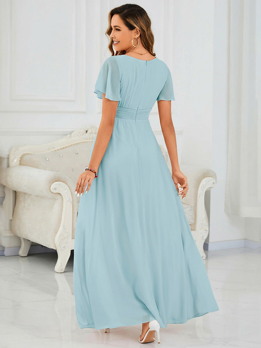 Bodenlanger A-Linien Chiffon Kleid Mit Falten Und Raffung Rundhalsausschnitt #Farbe_Himmelblau