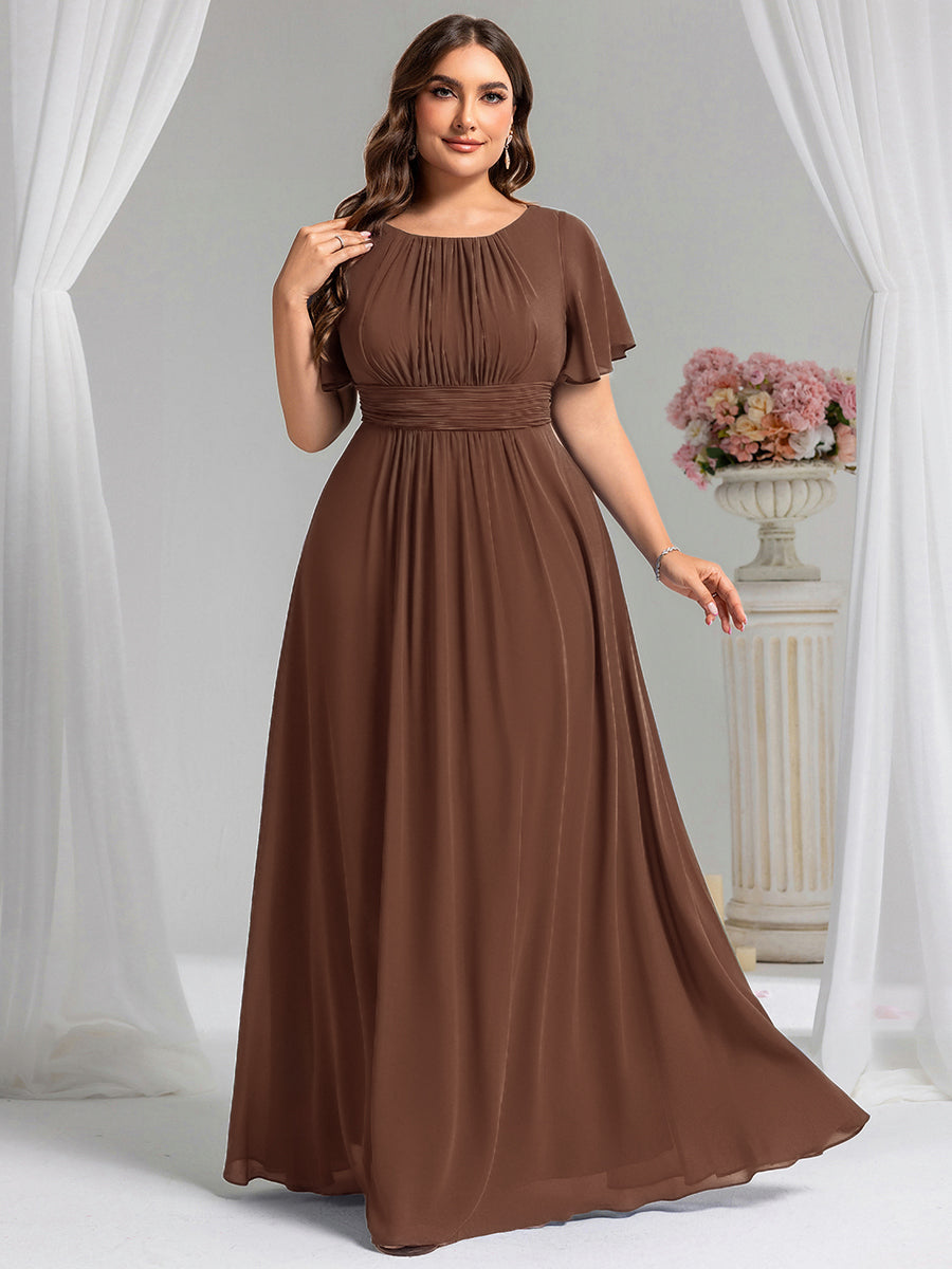 Bodenlanger A-Linien Chiffon Kleid Mit Falten Und Raffung Rundhalsausschnitt #Farbe_Braun