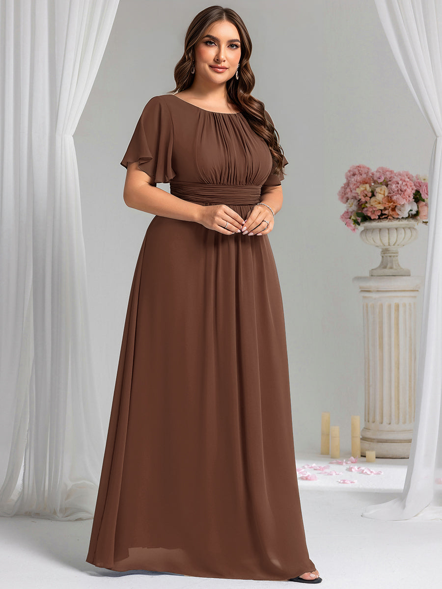 Bodenlanger A-Linien Chiffon Kleid Mit Falten Und Raffung Rundhalsausschnitt #Farbe_Braun