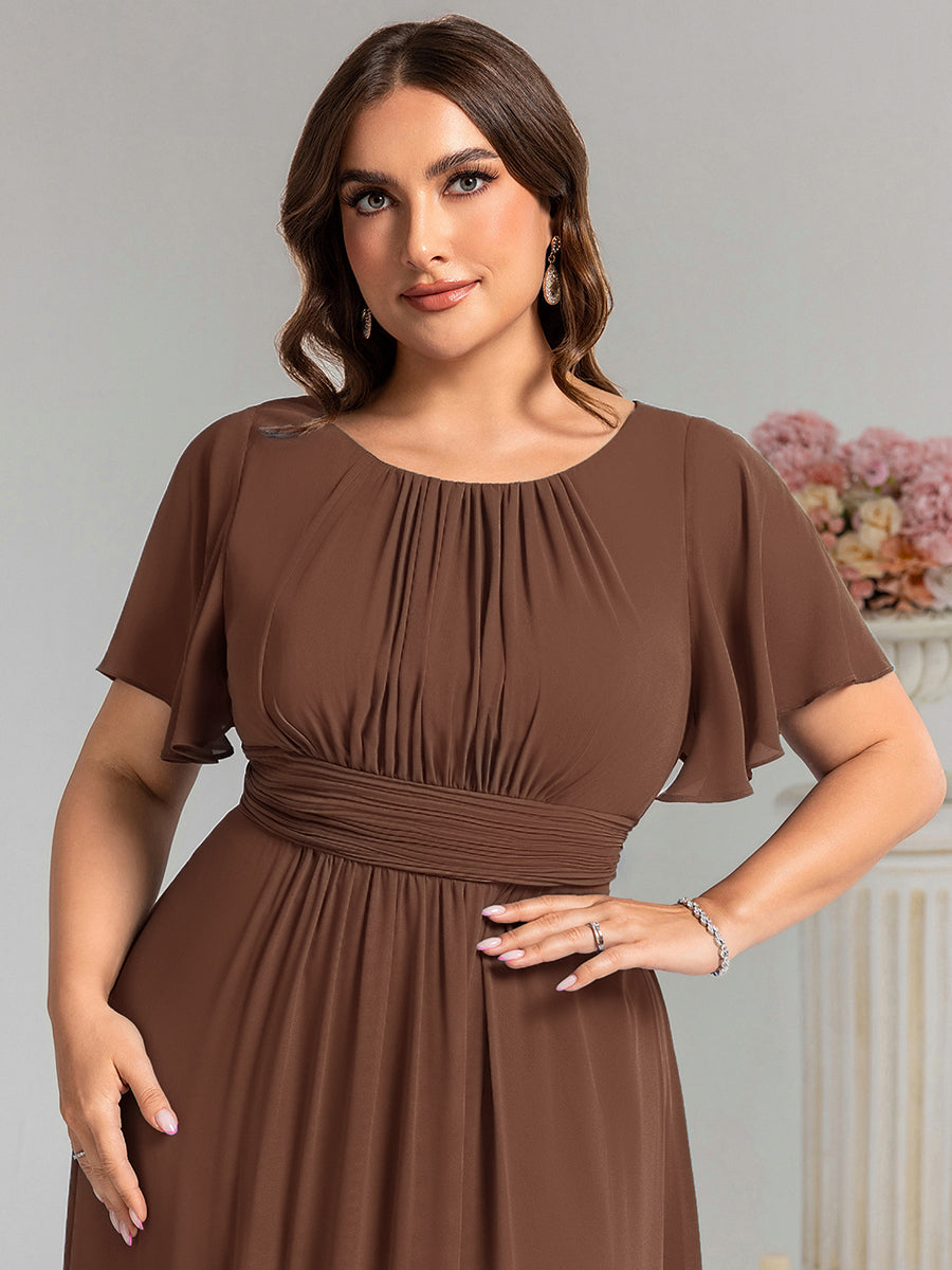 Bodenlanger A-Linien Chiffon Kleid Mit Falten Und Raffung Rundhalsausschnitt #Farbe_Braun