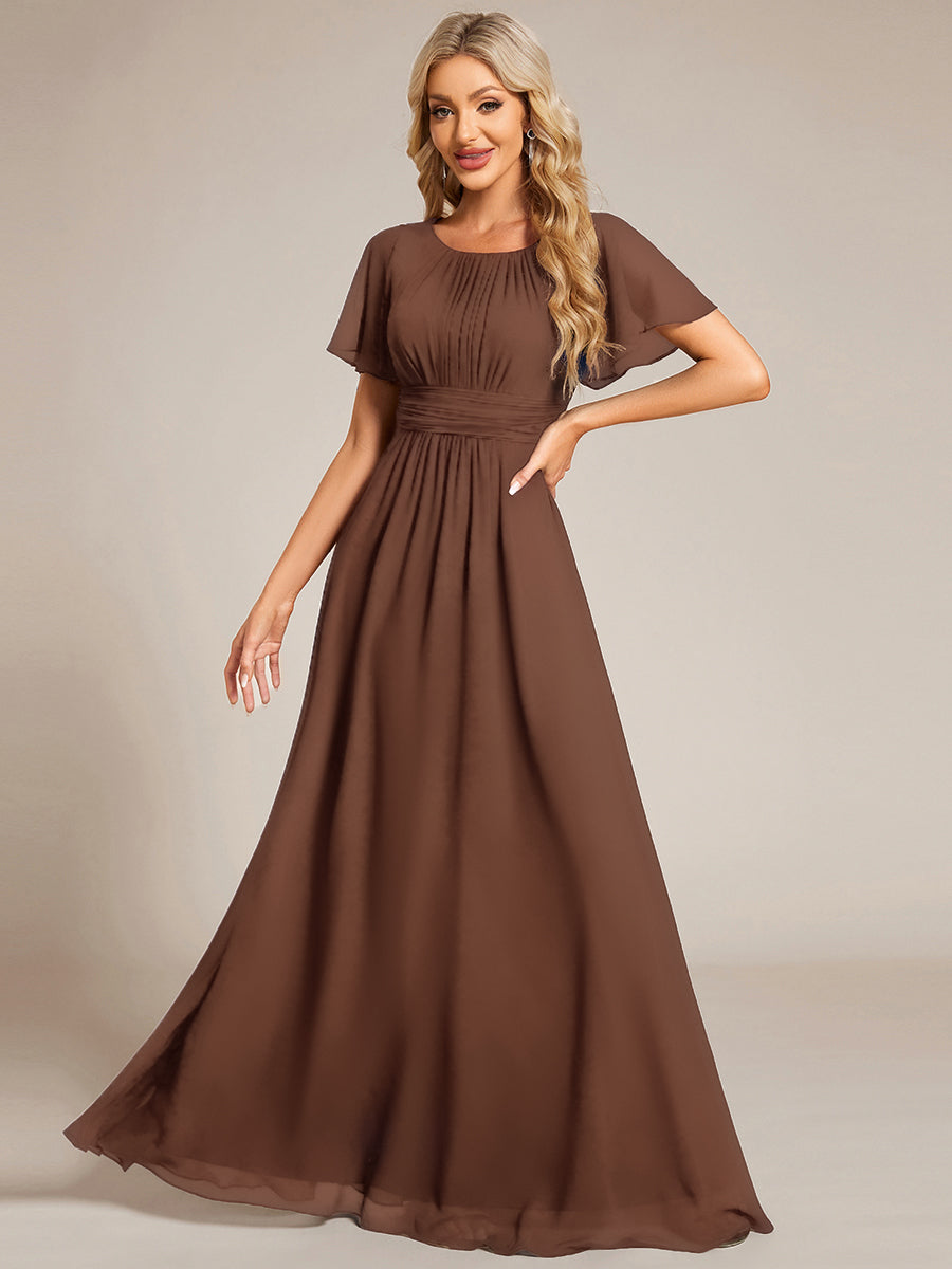 Bodenlanger A-Linien Chiffon Kleid Mit Falten Und Raffung Rundhalsausschnitt #Farbe_Braun
