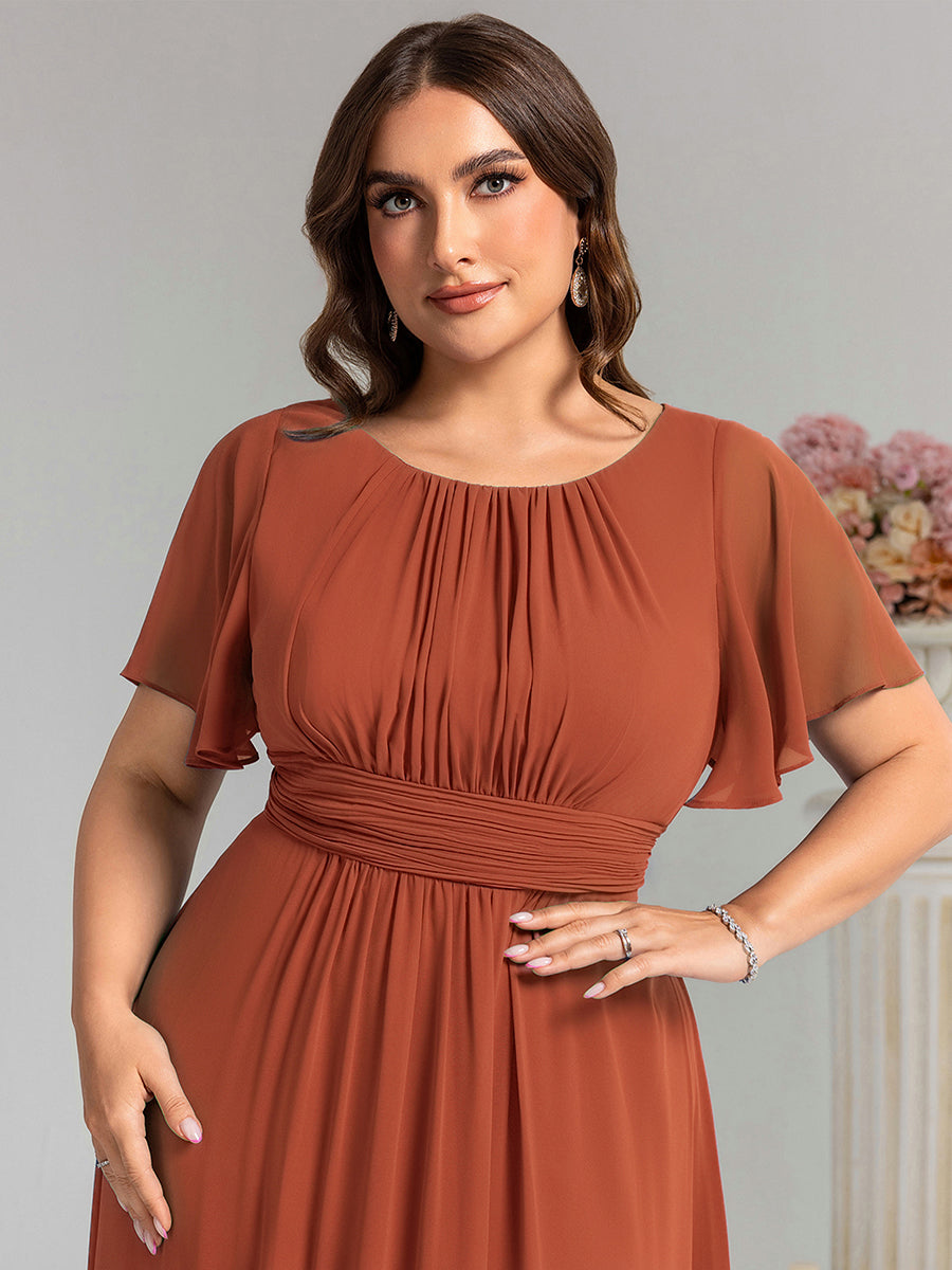 Bodenlanger A-Linien Chiffon Kleid Mit Falten Und Raffung Rundhalsausschnitt #Farbe_Gebranntes Orange