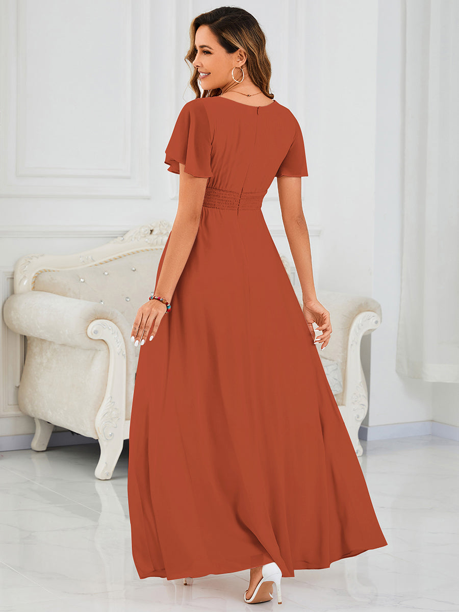 Bodenlanger A-Linien Chiffon Kleid Mit Falten Und Raffung Rundhalsausschnitt #Farbe_Gebranntes Orange