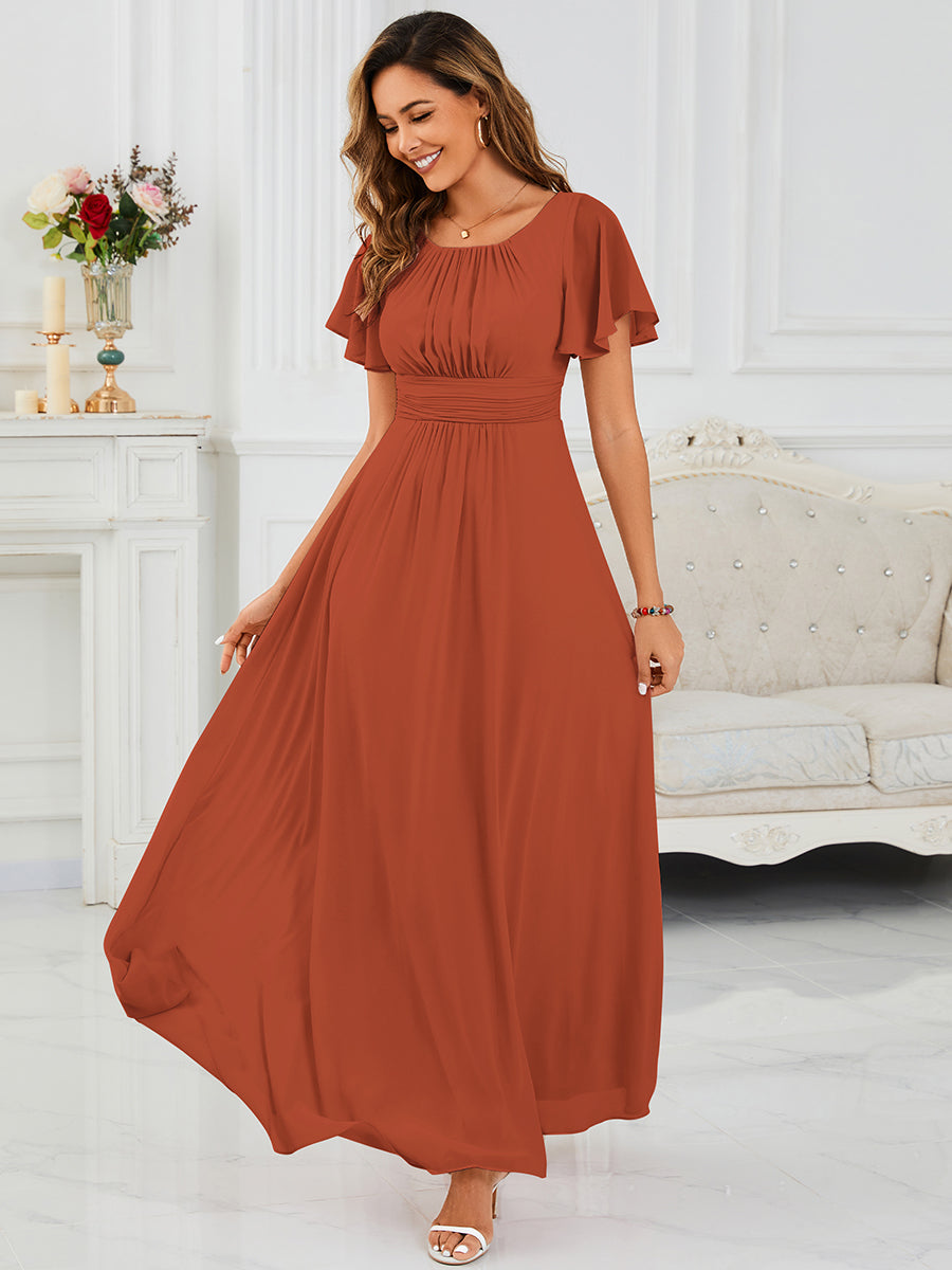 Bodenlanger A-Linien Chiffon Kleid Mit Falten Und Raffung Rundhalsausschnitt #Farbe_Gebranntes Orange