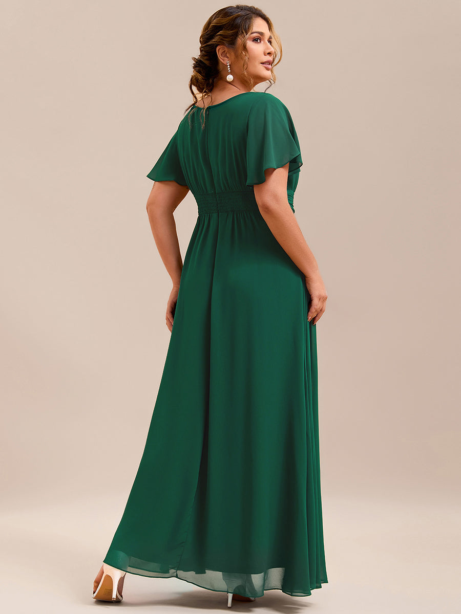 Bodenlanger A-Linien Chiffon Kleid Mit Falten Und Raffung Rundhalsausschnitt #Farbe_Dunkelgrün