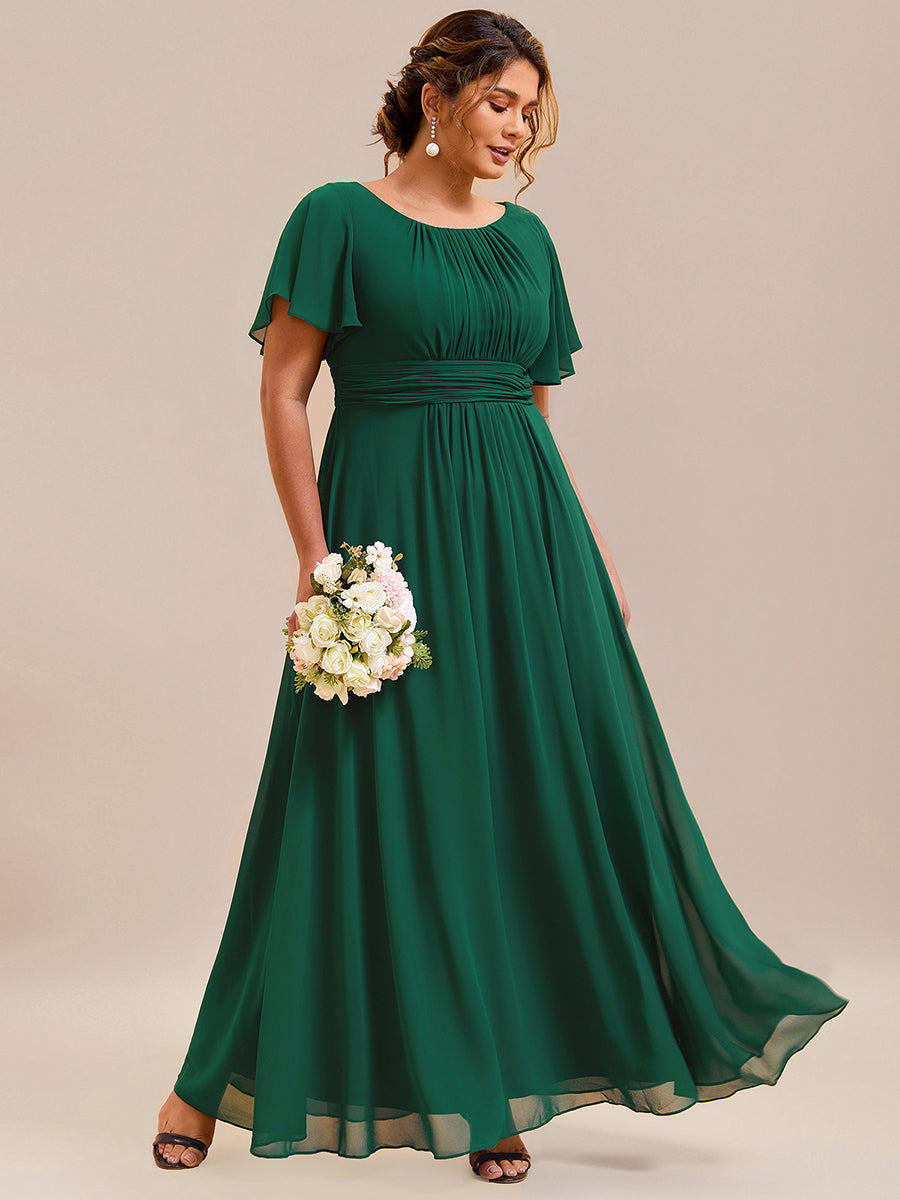 Bodenlanger A-Linien Chiffon Kleid Mit Falten Und Raffung Rundhalsausschnitt #Farbe_Dunkelgrün
