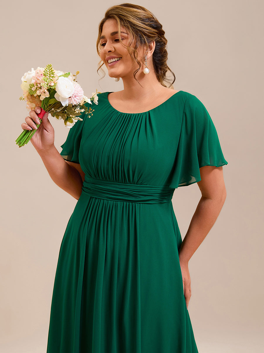 Bodenlanger A-Linien Chiffon Kleid Mit Falten Und Raffung Rundhalsausschnitt #Farbe_Dunkelgrün