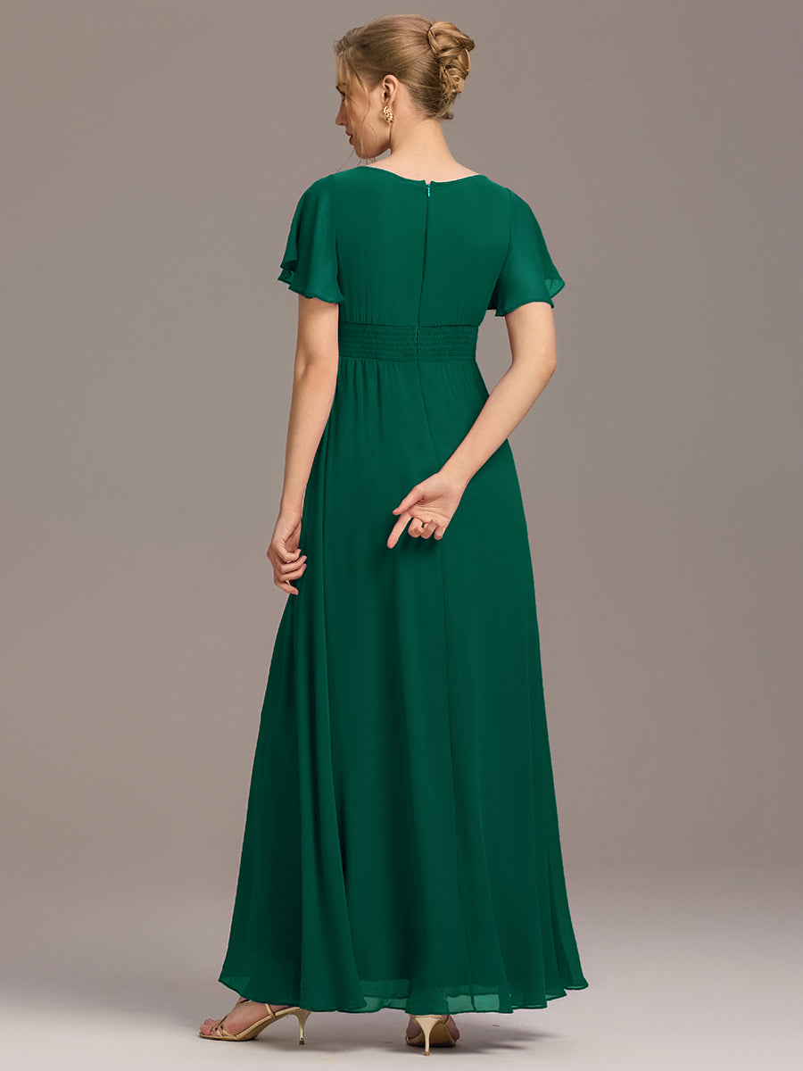 Bodenlanger A-Linien Chiffon Kleid Mit Falten Und Raffung Rundhalsausschnitt #Farbe_Dunkelgrün