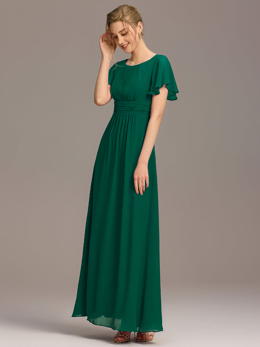 Bodenlanger A-Linien Chiffon Kleid Mit Falten Und Raffung Rundhalsausschnitt #Farbe_Dunkelgrün