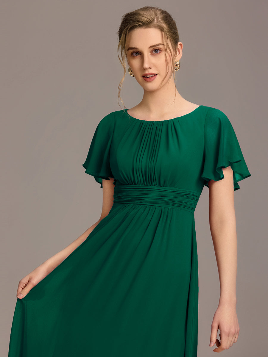 Bodenlanger A-Linien Chiffon Kleid Mit Falten Und Raffung Rundhalsausschnitt #Farbe_Dunkelgrün