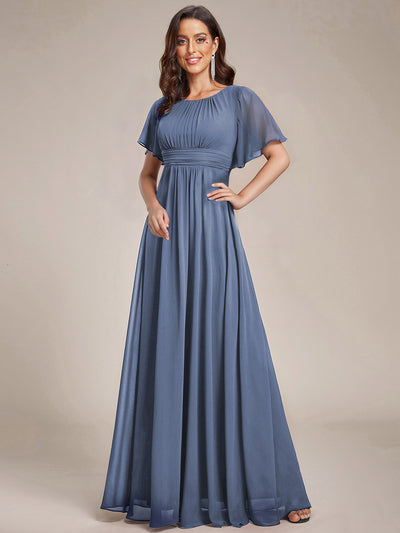 Bodenlanger A-Linien Chiffon Kleid Mit Falten Und Raffung Rundhalsausschnitt #Farbe_Taubenblau