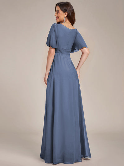 Bodenlanger A-Linien Chiffon Kleid Mit Falten Und Raffung Rundhalsausschnitt #Farbe_Taubenblau