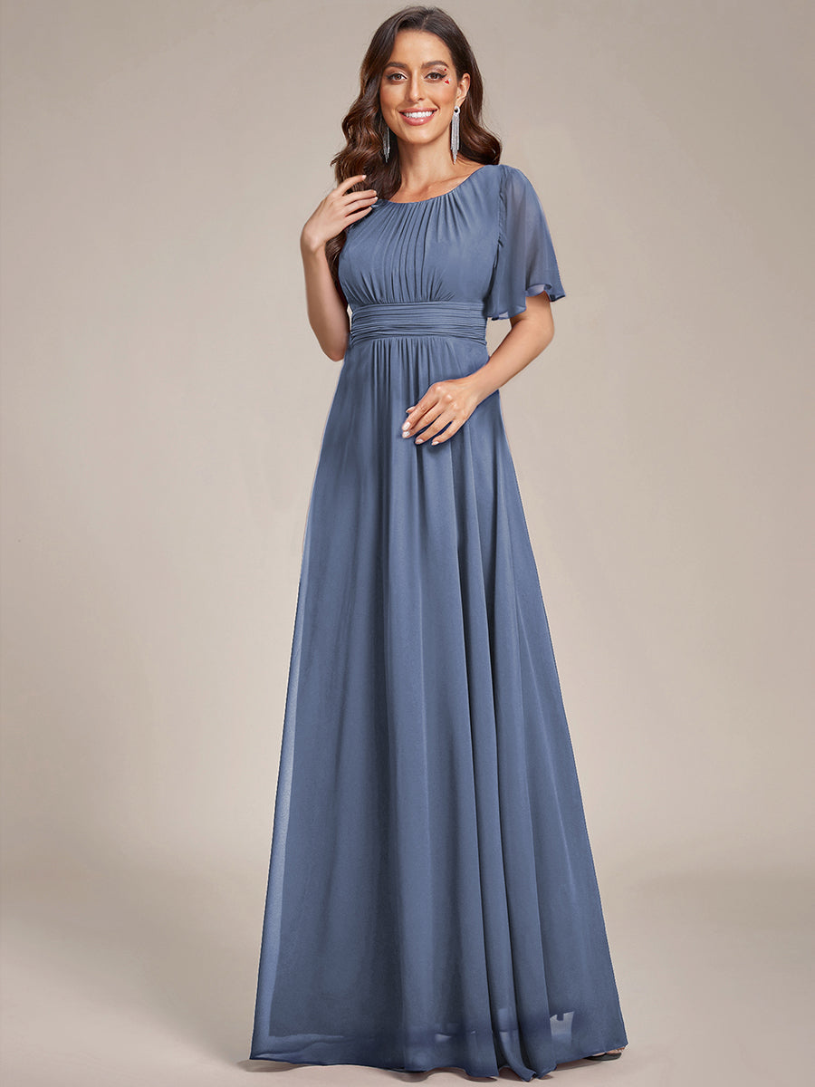 Bodenlanger A-Linien Chiffon Kleid Mit Falten Und Raffung Rundhalsausschnitt #Farbe_Taubenblau