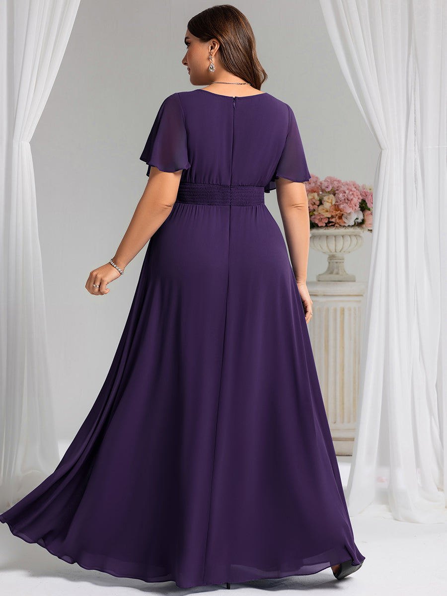 Bodenlanger A-Linien Chiffon Kleid Mit Falten Und Raffung Rundhalsausschnitt #Farbe_Dunkelviolett