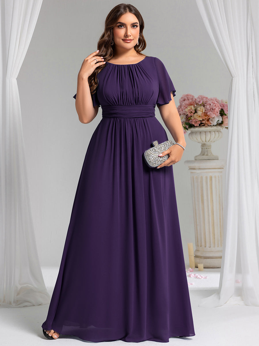 Bodenlanger A-Linien Chiffon Kleid Mit Falten Und Raffung Rundhalsausschnitt #Farbe_Dunkelviolett