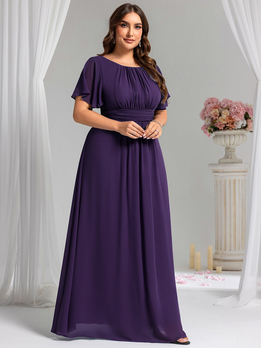 Bodenlanger A-Linien Chiffon Kleid Mit Falten Und Raffung Rundhalsausschnitt #Farbe_Dunkelviolett