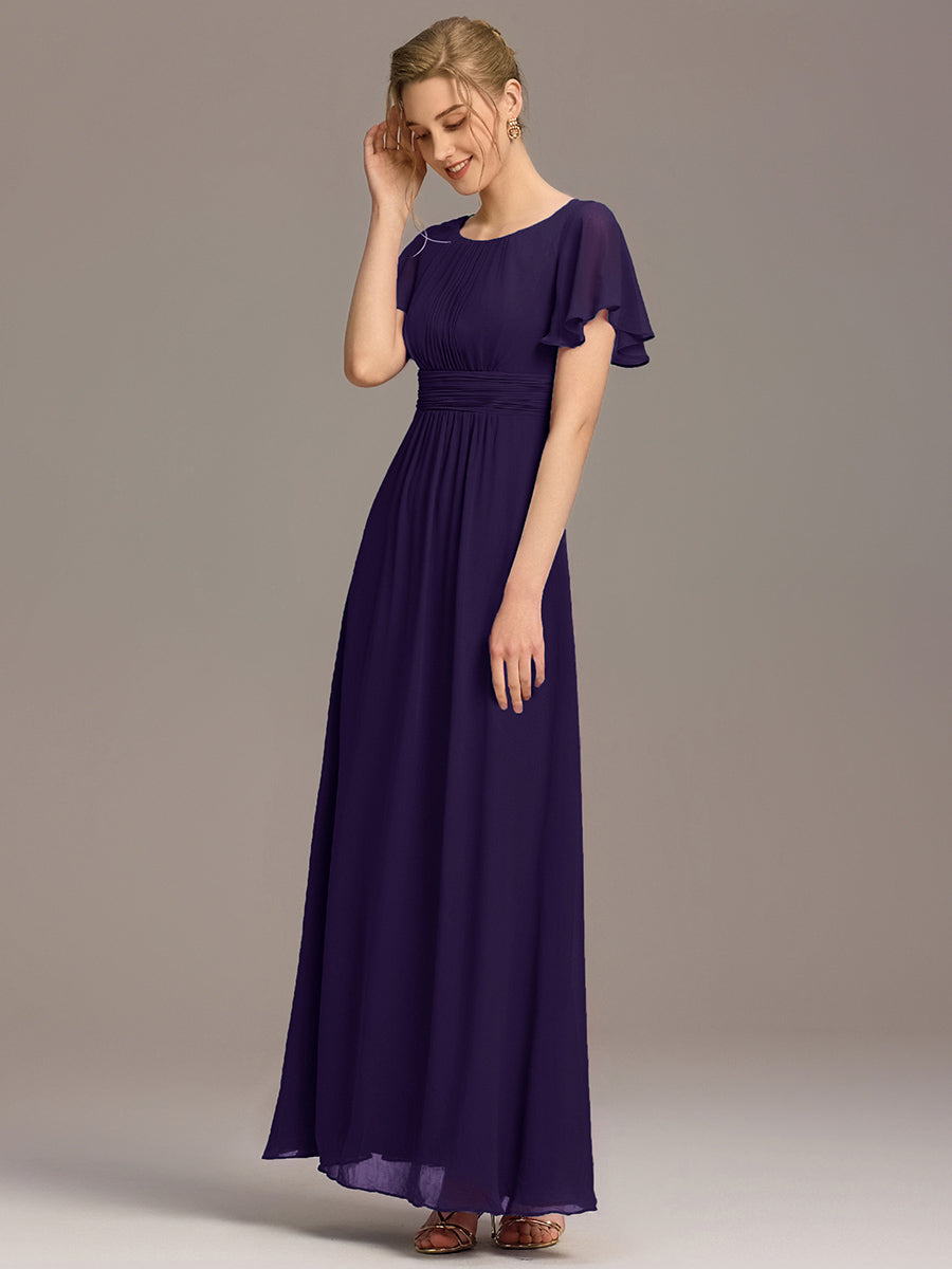 Bodenlanger A-Linien Chiffon Kleid Mit Falten Und Raffung Rundhalsausschnitt #Farbe_Dunkelviolett
