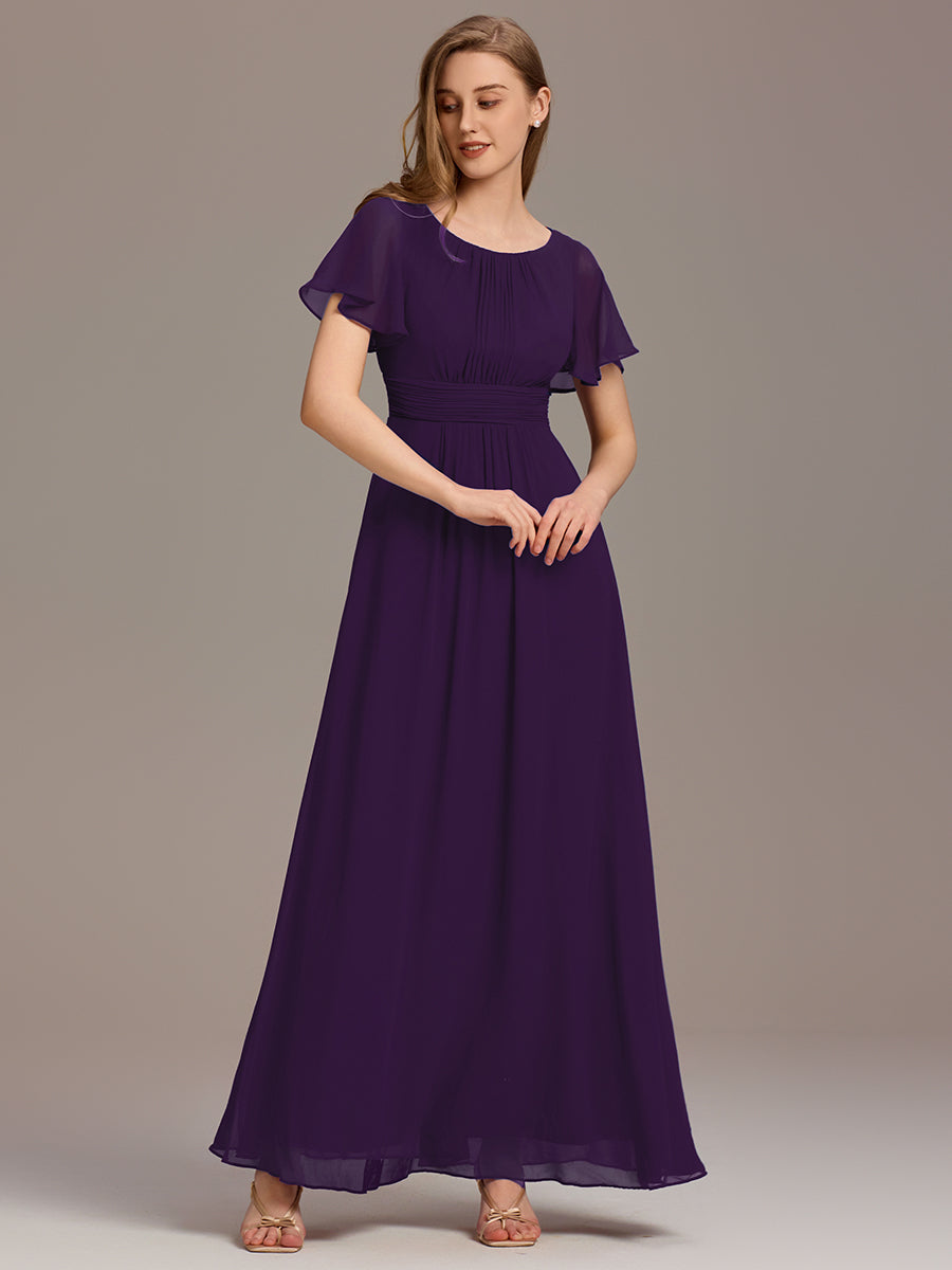 Bodenlanger A-Linien Chiffon Kleid Mit Falten Und Raffung Rundhalsausschnitt #Farbe_Dunkelviolett