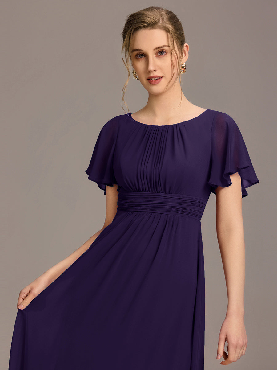 Bodenlanger A-Linien Chiffon Kleid Mit Falten Und Raffung Rundhalsausschnitt #Farbe_Dunkelviolett